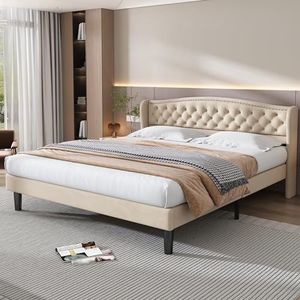 BXEYXE Stijlvol zacht gestoffeerd bed met fluweelzacht hoofdeinde, 140 x 190 cm, knoopdecoratie en stabiele houten platen, beige