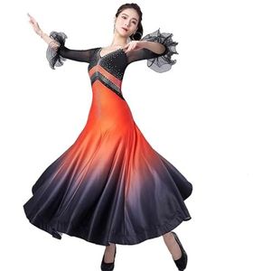 FZHQNZJF Balzaal Dansjurken Voor Prestaties Wals Flamenco Danskleding Met Strass Nationale Standaard Rok Glanzend Salsa Foxtrot Uitrusten voor Dames,Oranje,3XL