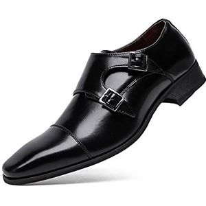 Formele schoenen for heren Instapper met dubbele monniksriem Vierkante dop Teen Leren blokhak Rubberen zool Antislip lopen (Color : Black, Size : 44 EU)