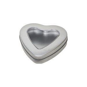 Zilveren hart opbergblik/bewaarblik 13 cm met venster - Cadeauverpakking zilveren voorraadblikken