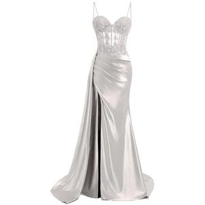 KIYNE Spaghetti Strap Satijn Galajurken met Split Kant Applique Zeemeermin Baljurk Floor Lengte Corset Formele Jurk, Zilver, 34