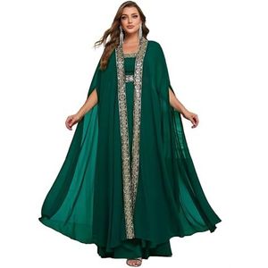 Grote maten 2-delige avondjurken, Midden-Oosterse etnische stijl, zwarte lange jurken plus badjas, kan tweedelige jurkset zijn, groen-3XL