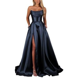 KIYNE Strapless satijnen baljurk voor dames, met splitzakken, A-lijn, baljurk lang, formele avondjurk, Donkerblauw, 38