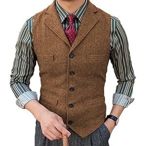 Tweed herenpak Vest Visgraat Notch Revers Retro wollen gilet Casual Kleedt slank af(Medium, bruin)