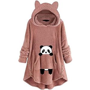 Dames lange kattenoren hoodies mantel casual wintertrui pluche mantel oversized vintage trui sweatshirt lange mouwen effen lange mouwen gebreide trui outwear trui, roze, X-Large,