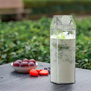 Transparante melkkartonfles | Vierkante melkcontainer voor koelkast - 2 stuks melkpak waterfles helder transparant drinkbeker herbruikbare container Povanjer