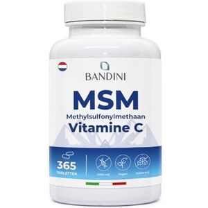 Bandini® MSM 365 Tabletten, 2000 mg Methylsulfonylmethaan + Vitamine C, Supplement voor Haar, Botten, Huid, Gewrichten en Nagels, Spierontstekingsremmer met Zwavel, 100% Veganistisch, Made in Italy