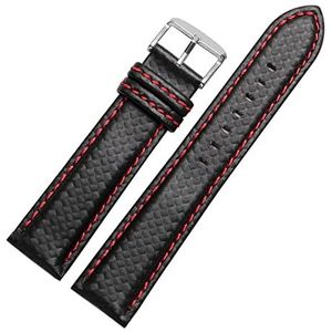 LQXHZ 18mm 20mm 22mm 24mm herenhorloge band koolstofvezel horlogeband met rode gestikte + lederen voering roestvrij stalen sluitingslatband(Red pin clasp,18mm silver clasp)