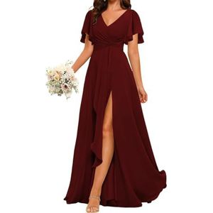 V-hals Prinses Bruidsmeisjes Jurken Flutter Mouwen Galajurken Chiffon Formele Avondfeestjurk met split, Bordeaux, 36