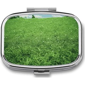Groen gazon pillenetui met 2 compartimenten, pillenorganizer, draagbare vierkante pillendoos, vitaminepillenorganizer voor zakportemonnee en reizen