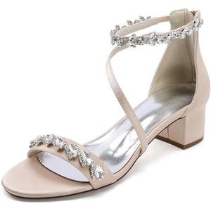 KYEGLO Dames Sandalen Met Open Teen En Strass Steentjes, Dikke Zool En Enkelbandje Met Strass Steentjes, Comfortabele Satijnen Bruidsschoenen Met Ritssluiting,Champagne,36