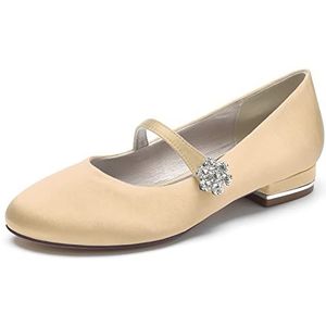 Womens Ronde Neus Bruids Platte Pumps Strappy Ballet Ballerina's Satijn Strass Trouwjurk Schoenen,Champagne,36 EU