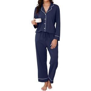 Reliwel Dames Katoenen Pyjamaset Met Knoopjes, Lange V-Hals Tweedelig Lange Loungewear Huispak Pyjama Comfortabele Top En Pyjamabroek