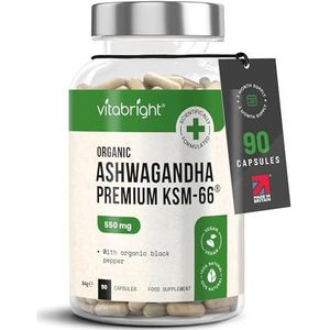 Organische Ashwaghanda Capsules (Withania Somnifera) met Zwarte Peper 550mg – 90 Vega Maxi Kracht Indiase Ayurvedische Genezing Ginseng Capsules – KSM-66 Wortel Extract – Gemaakt in Het Vk