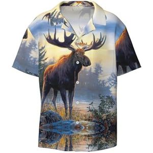 Animal Northern Moose Print Heren Overhemden Atletische Slim Fit Korte Mouw Casual Business Button Down Shirt, Zwart, XXL
