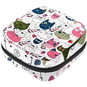 Maandverband Opbergtas, Vrouwelijke Product Pouches Draagbare Periode Kit Tas voor Meisjes Vrouwen Dames Witte Kat, Meerkleurig, 4.7x6.6x6.6 in/12x17x17 cm