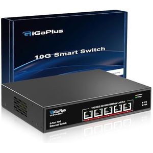 5-Port 10Gb Ethernet Switch Unmanaged met 5 x 10G RJ45 Ports, GiGaPlus 10Gbe Network Switch Eenvoudig voor 10G NAS, PC, WiFi7 Routers, 10G NIC/Adapters. 100Gbps schakelcapaciteit. Desktop of 19-inch r