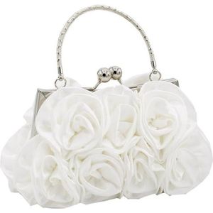 Dames Satijn Portemonnee Rose Bloem Patroon Tassen Bruids Bruiloft Portemonnee Elegante Handtas Avondtas Rose Tote Bag, Wit, 7.87*1.97*4.72inch