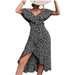 BAODANWUXIAN Dresse Dress For Women Summer A Shape Dresses Off Shoulder Sleeve Maxi Length Ruffle Fitted Waisted Tropical Printed-Black-M
