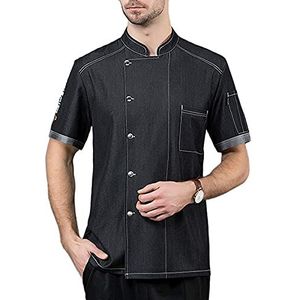 YWUANNMGAZ Unisex kok uniform met korte mouwen, restaurant bakkerij keuken koken kleding, ademend koken jas hotel eten servic overall (kleur: zwart, maat: C (XL))