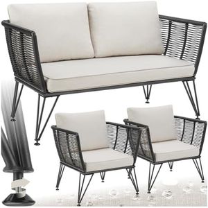 tectake® Wicker loungeset - Tuinmeubelset met bank en 2 fauteuils - Weerbestendig - Ideaal als tuin-, balkon- of serremeubilair - Stijlvolle en comfortabele loungemeubelen - Rope design