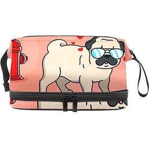 Grote capaciteit reizen cosmetische tas,Roze mopshond,Make-up tas,Waterdichte make-up tas organisator, Meerkleurig, 27x15x14 cm/10.6x5.9x5.5 in