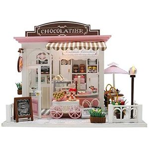 VIONNPPT DIY 1:24 Mini 3D poppenhuis miniatuur met meubels, creatieve chocolade winkel poppenkit van hout, roze coco-Shop, modelhandwerk, cadeau voor kinderen en volwassenen