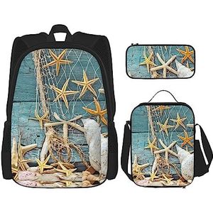 OUSIKA Zeesterren en schelpen print 3 stuks rugzak casual dagrugzak lunchbox etui combinatie set voor reizen, zwart, één maat, Zwart, Eén maat