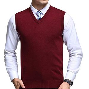 FULIER Heren V-Hals Vest Klassiek Kasjmier Wol Blend Knitwear Sweater Cardigans Tank Tops (Rood, XL)