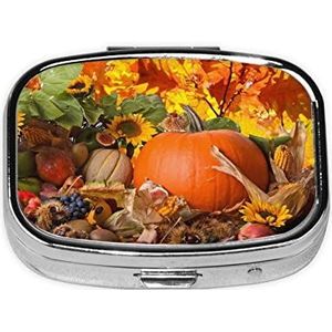 Mini vierkante pillendoos, medicijnorganizer, Thanksgiving Day pompoen draagbare EHBO-doos, reispillendoos met 2 vakken, kleine pillendoos voor zak of portemonnee
