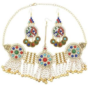 Vintage etnische lange kettingen klokken hoofdtooi munt oorbellen kleurrijke acryl kralen zendspoel Gypsy Tribal Afghaanse jurk sieraden set (Color : C gold jewelry set)