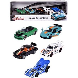 Majorette - Porsche cadeauset (5-delige set speelgoedauto's) - 5 modelauto's (elk 7,5 cm) incl. 2 exclusieve automodellen, voor kinderen vanaf 3 jaar, blauw, groen, zwart, wit