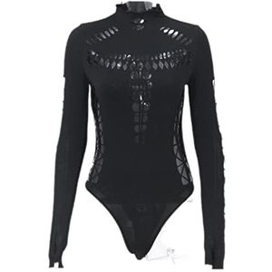 CHOUBAGUAI Dark Punk Sexy Hollow Out Bodysuits Gothic Techwear Zwarte Coltrui Bodycon T-shirts Moto Lange Mouw Streetwear-Zwart, M