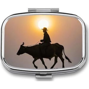 Cool Bull Riding Silhouet Pillendoos voor Portemonnee Pocket Kleine Vierkante Pil Case Decoratieve Geneeskunde Doos Reizen Geneeskunde Tablet Case Vitamine Organizer Pil Container Houder Uniek Gift
