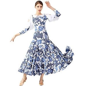 Yhsgscr Ballroomdansjurk voor volwassenen Lange Wals Grote Swing Rok voor Dames Geprinte Flamenco Danskleding Glad en Zacht Foxtrot Performance Kleding,Blauw,L
