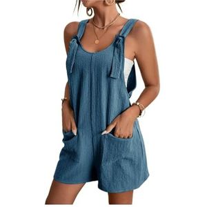 Plus Size Jumpsuit uit één stuk Gestreepte jumpsuit for dames Print Mouwloze rompertjes Verstelbare losse overall met zakken(Color:Lake Blue,Size:M)
