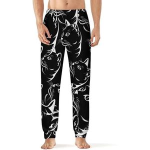 Kat gezicht op zwarte heren pyjama broek zachte lange pyjama broek elastische nachtkleding broek 5XL