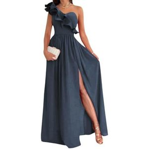 Damesjurk met één schouder voor bruidsmeisjes, fluweel, mouwloos, lange formele jurk met split, Donkerblauw, 42