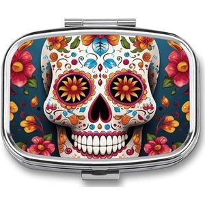 Kleurrijke Sugar Skull Pillenetui met 2 compartimenten, pillenorganizer, draagbare vierkante pillendoos, vitaminepillenorganizer voor zakportemonnee en reizen