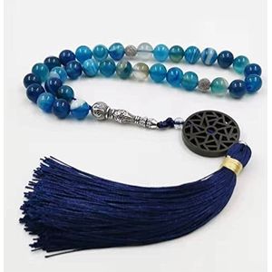 Bswefty Natuurlijke blauwe agaten steen Tasbih gebedskralen Misbaha 33 66 99beads Katoen Kwastje Professionele Moslim Mannen rozenkrans (Lengte: 10 mm, Metaalkleur: 99 kralen)