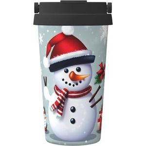 EdWal Kerst Happy Snowman Print 500 ml koffiemok, geïsoleerde campingmok met deksel, reisbeker, geweldig voor elke drank