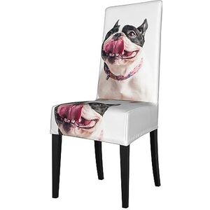 KemEng Happy Curious Dog Franse buldog, stoelhoezen, stoelbeschermer, stretch eetkamerstoelhoes, stoelhoes voor stoelen