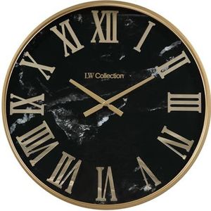 LW Collection Wandklok Marmer Sierra Zwart Goud 60cm - Industriële wandklok - Grote moderne wandklok met Romeinse cijfers - Stil uurwerk - Stille klok
