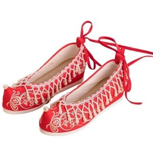 2024 Chinese Stijl Prachtige Parel Kwastje Hanfu Schoenen Geborduurde Bloem Chinese Bruiloft Schoenen Lichtgewicht Casual Innerlijke Hoogte Toenemende Schoenen Voor Vrouwen(Color:Red,Size:40 EU)