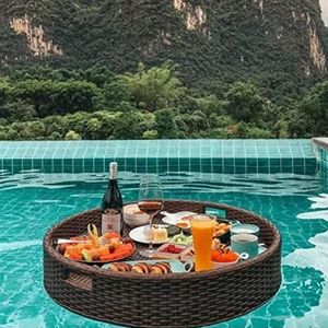 pallet， Drijvende dienbladtafel for zwembad, drijvende schijf for op het wateroppervlak, multifunctionele drijvende ontbijttafel, drijvend voedselbord(Brown,60CM)