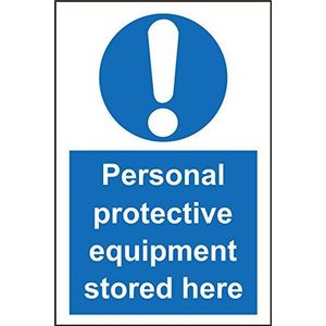 INDIGOS UG - Sticker - Veiligheid - Waarschuwing - Persoonlijke beschermingsmiddelen PPE hier opgeslagen veiligheidsbord - Zelfklevende sticker 200mm x 150mm