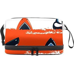 Multifunctionele opslag reizen cosmetische tas met handvat,Grote capaciteit reizen cosmetische tas,Blauw oranje haaienpatroon zee, Meerkleurig, 27x15x14 cm/10.6x5.9x5.5 in