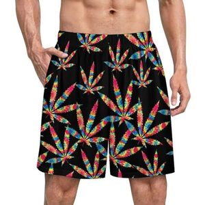 Rainbow Tie Dye Weed Grappige Pyjama Shorts voor Mannen Pyjama Bottoms Heren Nachtkleding met Zakken Zacht