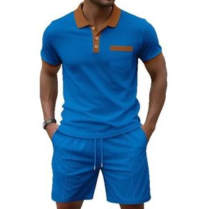Crossover Zomer Heren Revers Gekleurde Borstzak Gesp Korte Mouw en Shorts 2-delige Set(Blue,XL)