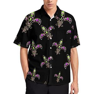 Fleur-de-lis Hawaiiaans overhemd met edelstenen en goud voor heren, zomer, strand, casual, korte mouwen, button-down shirts met zak